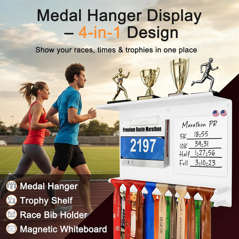 2-Bar 50+ Running Medal Display with Trophy Shelf, Race Bib Holder and Whiteboard, Medal Holder for Medals with Flag