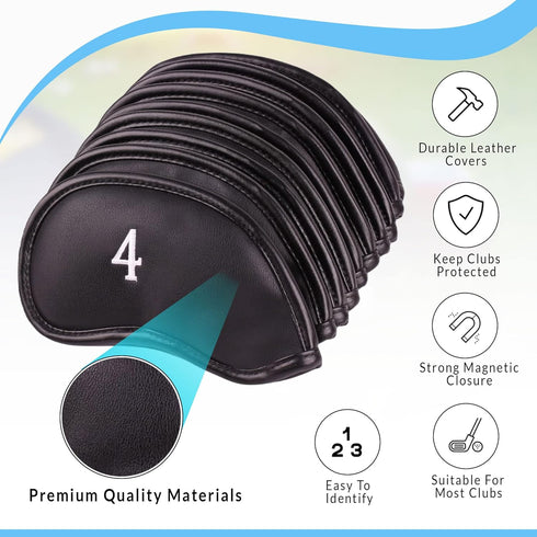 Premium Magnetic Leather Golf Club Head Covers - Set of 10, Fits Most Clubs, Embroidered Club Label
