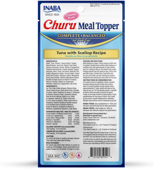 INABA Churu Meal Topper for Cats, Complete & Balanced, Creamy Lickable Purée, 0.5 Ounce Tube, 24 Tubes (4 per Pack),