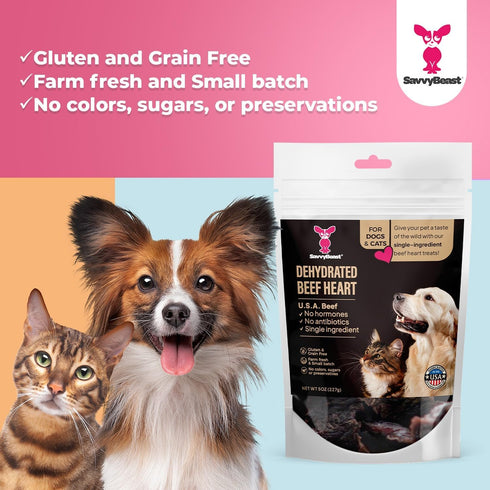 5 oz SavvyBeast Dehydrated Beef Heart for Dog Treats Single Ingredient, Air-Dried Organ Meat Rich in Taurine
