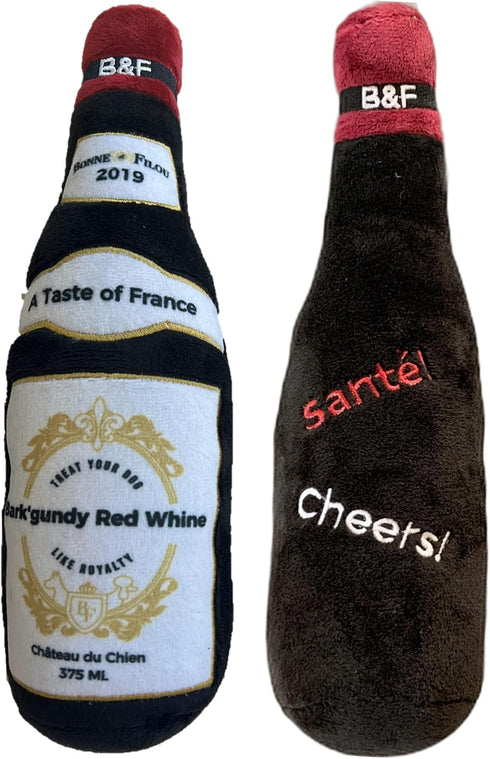 Bonne et Filou Wine Bottle Plush Squeaky Dog Toy (Bark'gundy Red Whine, 1 Large Size) for Small and Medium Dogs
