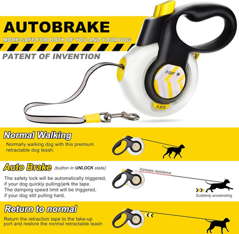 FIDA AutoBrake Retractable Dog Leash: 16 ft Heavy Duty No Pull Leash for Large Breeds, Tangle Free, Soft Grip