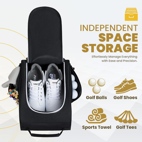 Golkcurx Black Golf Shoe Bag for Travel, Zippered Sport Shoe Carrier with Side Accessory Pockets