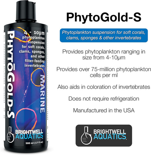 Brightwell Aquatics PhytoGold-S - Liquid Phytoplankton Suspension for Soft Corals, Clams, Sponges & Other Invertebrates, 125-ml