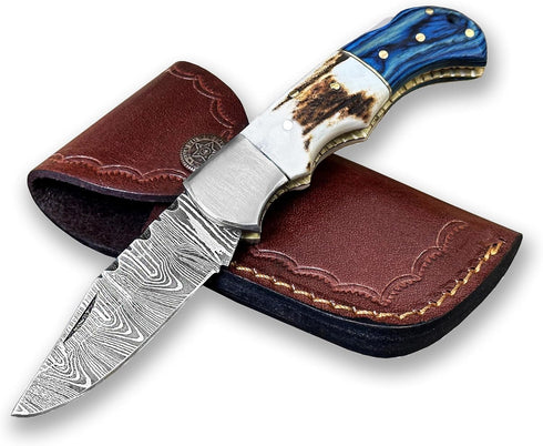 WINTERFELL Damascus Pocket Knife For Men - 6.5" Handmade Folding Knife with Leather Sheath for Hunting and Camping