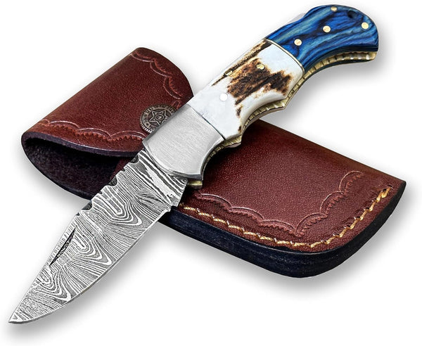 WINTERFELL Damascus Pocket Knife For Men - 6.5" Handmade Folding Knife with Leather Sheath for Hunting and Camping