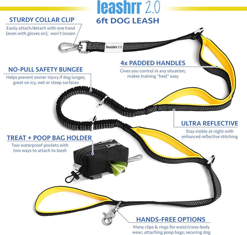 6 ft. Bungee Dog Leash - Heavy Duty with 4 Traffic Handles, Mighty Carabiner Clip, Ultra Reflective for Large Dogs