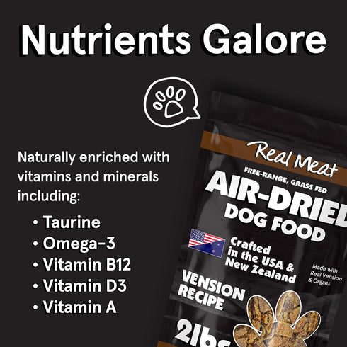 Real Meat Air Dried Dog Food w/Real Venison, 2lb Bag of USA-Crafted Grain-Free Dog Food Sourced from Free-Range Venison