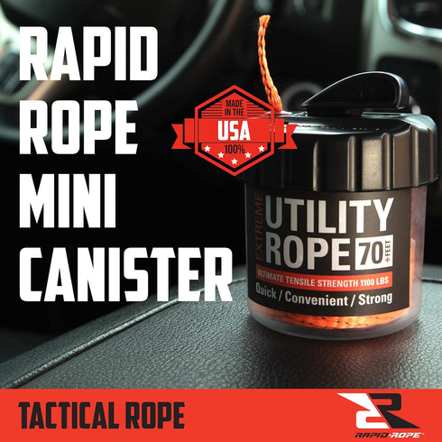 Rapid Rope Canister 70ft - Orange Flat Tactical Paracord, 1100lb Tested Heavy Duty Poly Rope with Non-Tangle Dispenser