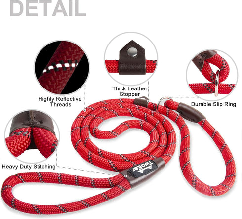 TwoEar 1/2" x 6FT Dog Slip Rope Leash, Heavy Duty Training Leash with Highly Reflective Threads for All Dogs