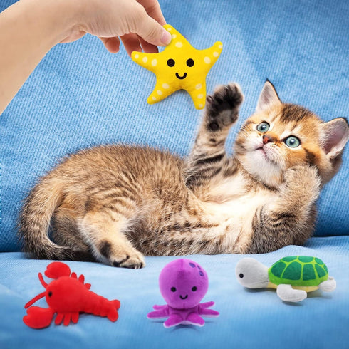 Catnip Toys for Indoor Cats - Interactive Chew Bite Kick Toys Set of 6 - Gifts for Cat Lovers - Lobster Octopus Crab
