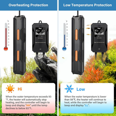 hygger Submersible Aquarium Heater - 100W/200W/300W/500W/800W with Over-Temperature Protection and Automatic Power-Off