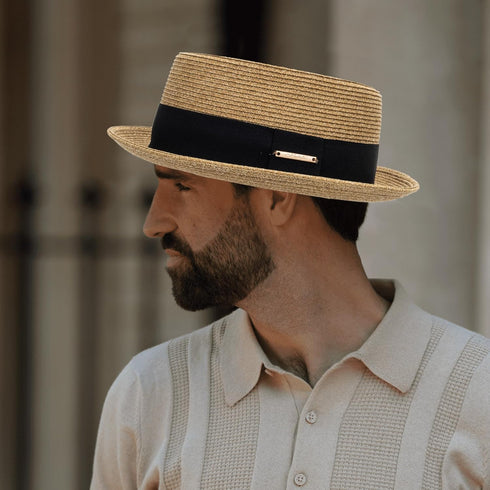 Women's 1920s Pork-Pie Sun Hat, Summer Straw Fedora Beach Hat with Band (M/L)