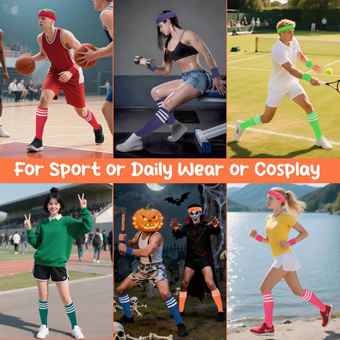 5 Set,Sports 80s ONUPGO Pieces Sweatbands Striped Socks Headband Wristbands High Tube Socks