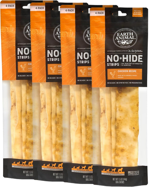 Earth Animal No Hide Strips Chicken Flavored Natural Treats | Quick & Thin Dog Chews | 4 Pack, 16 Count