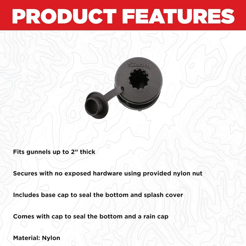 Scotty #444-BK Compact Round Black Threaded Flush Deck Mounting Bracket with Sealed Bottom and Rain Cap, Small
