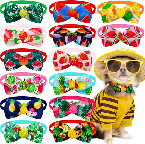 15pcs Summer Small Dog Collar with Bow Ties, Adjustable Hawaii Fruit Pattern Bow Ties for Dog Collar Accessories