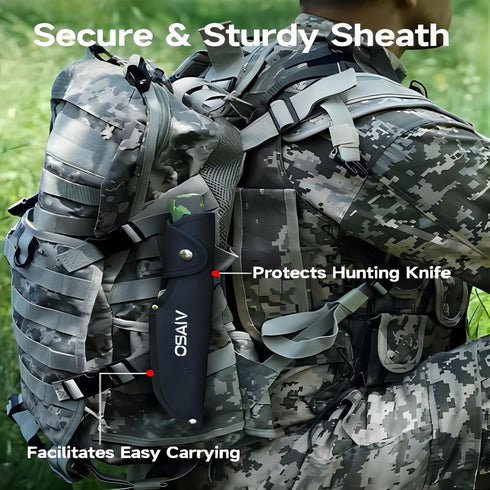 Fixed Blade Hunting Knife, Full Tang Stainless Steel Camping Knife with Gut Hook Edge, Green Wooden Handle, Sheath