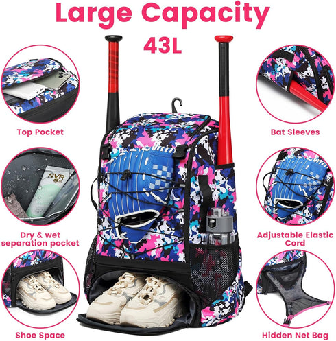 Softball Bag - Lightweight Baseball Bat Backpack with Fence Hook for Youth Adults