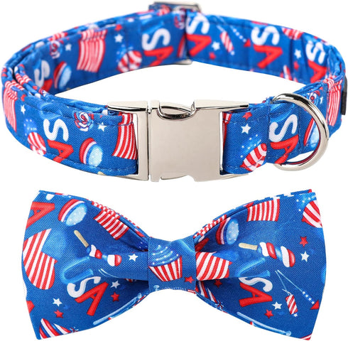 Lionet Paws Patriotic Dog Collar with Bowtie - Soft Comfortable Adjustable American Flag Collar for Dogs (Medium, Neck