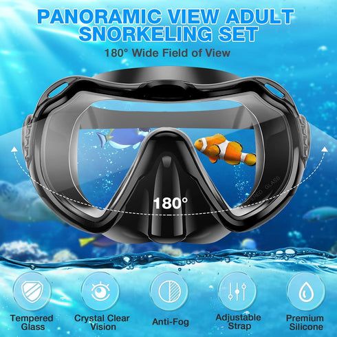 Snorkeling Gear for Adults, Anti-Fog Tempered Glass Lens, Anti-Leak Set with Mesh Bag