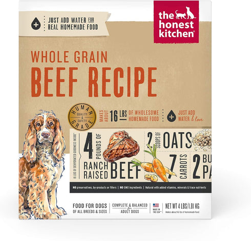 The Honest Kitchen Human Grade Dehydrated Whole Grain Dog Food, Beef, 4 lb (Makes 16 lbs)