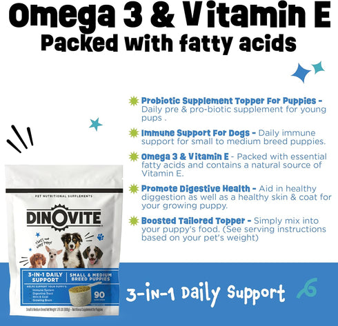 Dinovite Puppy Probiotic – 90-Day Supply for Puppies, Supports Digestive & Gut Health, Promotes Healthy Skin & Coat