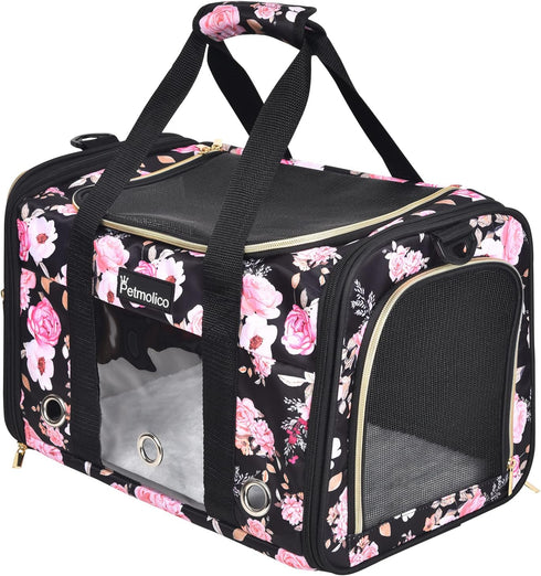Petmolico Airline Approved Cat and Dog Carrier, Soft Travel Carrier with 3 Open Doors and Mesh Windows for Pets 16 lbs
