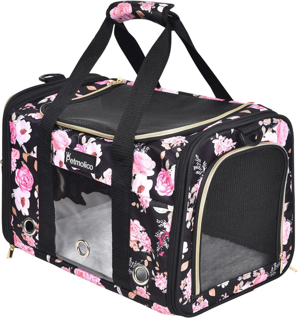 Petmolico Airline Approved Cat and Dog Carrier, Soft Travel Carrier with 3 Open Doors and Mesh Windows for Pets 16 lbs