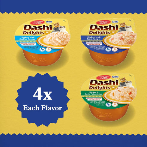 INABA Dashi Delights for Cats, Shredded Chicken with Bonito Flake Broth, 2.5 Ounce Cup, 12 Cups Total, Seafood Variety