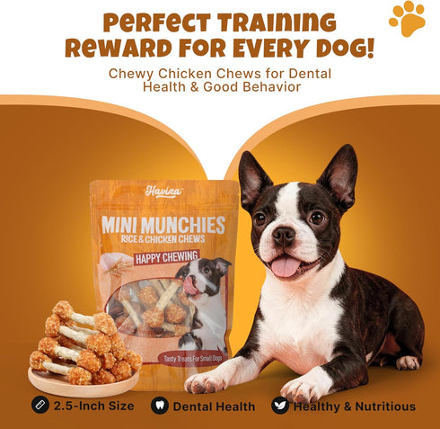 2.5" 16oz, Havira Training Treats for Small Dogs, Mini Rawhide Chews, Chicken Wrapped Dumbbells Chicken Rice Flavor