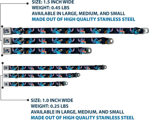 Buckle-Down Seatbelt Buckle Dog Collar, Stitch Snacking Poses, Black/Blue, 1" Wide, Fits 15-26" Neck