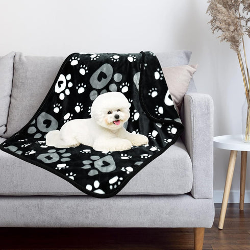 Soft Fleece Dog Blanket for Small Medium Dogs, Cute Paw Print Fluffy Flannel Pet Blanket Mat Cover for Bed Couch, Black