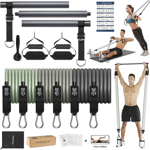 Upgraded Pilates Bar Kit with Resistance Bands for Home Gym, Heavy-Duty Stainless Steel Yoga Stick