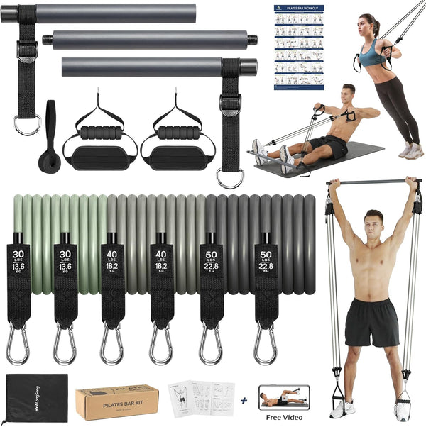 Upgraded Pilates Bar Kit with Resistance Bands for Home Gym, Heavy-Duty Stainless Steel Yoga Stick