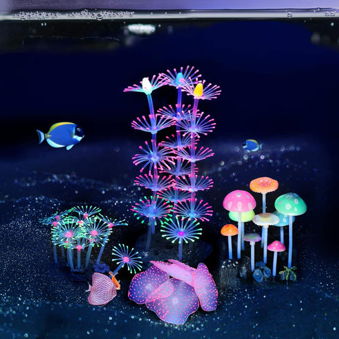 Lpraer 4 Pack Glow Aquarium Decorations Coral Reef Glowing Mushroom Anemone Simulation Glow Plant Glowing Effect Silicone for Fish Tank Decorations