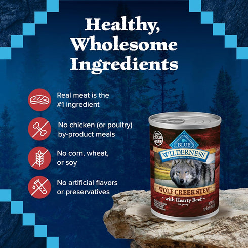 12.5-oz. (12 Count) Blue Buffalo Wilderness Wolf Creek Stew Wet Dog Food, High-Protein & Grain-Free, Made with Natural