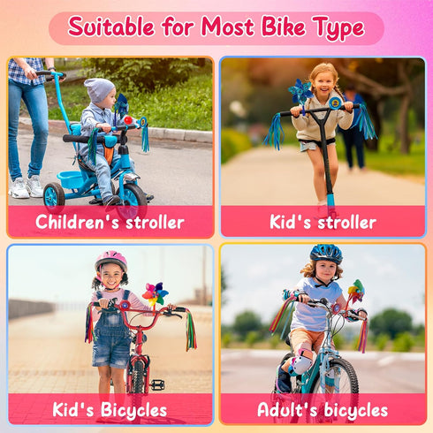 Kids Bike Horn Set with 2 Pcs Handle Streamers, Bicycle Bell and Windmill Accessories for Girls or Boys
