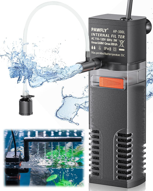 Pawfly Submersible Internal Aquarium Filter with 55 GPH Water Pump for 3 to 10 Gallon Fish Tanks, Filtration &