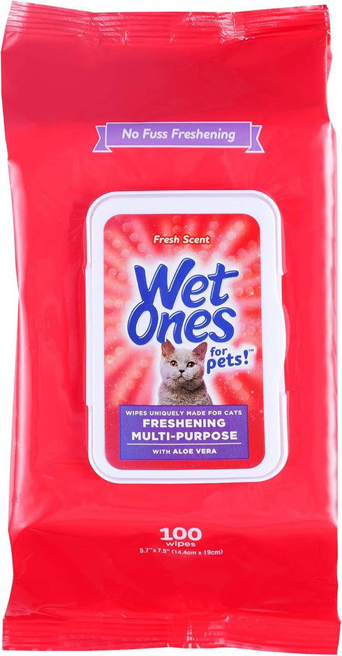 Wet Ones for Pets Freshening Multipurpose Wipes for Cats with Aloe Vera, Easy to Use Cat Cleaning Wipes, 100 ct Pouch