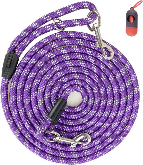 Long Rope Dog Leash for Training 12FT 20FT 30FT 50FT, Reflective Threads Tie-Out Check Cord for All Dogs (Purple,