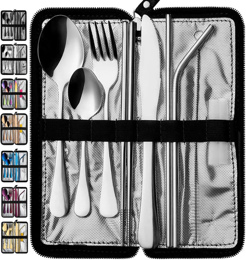 VANDBAO Portable Travel Utensils, 9 Pieces Reusable Silverware Set with Case, Stainless Steel Flatware for Camping