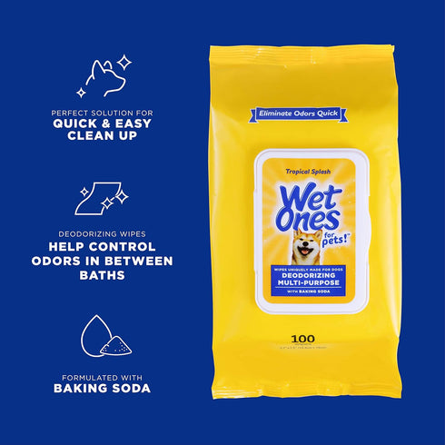 Wet Ones for Pets Deodorizing Multi-Purpose Dog Wipes with Baking Soda, 100 ct- 3 Pack, Tropical Splash Scent,