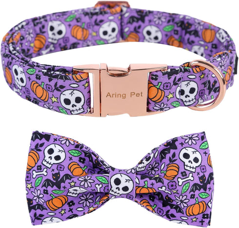 ARING PET Halloween Dog Collar - Cute Pumpkin Bowtie Cotton Purple Skull Bat Collars with Metal Buckle