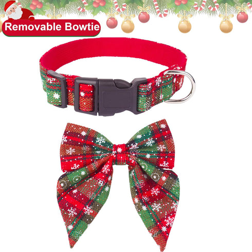 ADOGGYGO Christmas Dog Collar with Bow, Adjustable Cotton Red Bowtie for Small Medium Large Dogs (Medium, Xmas)