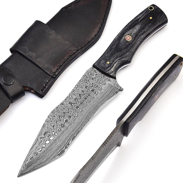 Handmade Damascus Steel Hunting Knife, 11 Inches Fixed Blade with Black Pakkawood Handle, Bushcraft Knife with Sheath