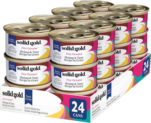 Solid Gold Wet Cat Food Shreds in Gravy, Real Tuna & Shrimp, Grain Free, 24 ct/3 oz Can