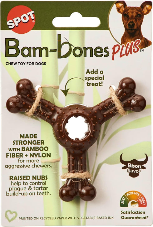 SPOT Bam-bones PLUS Triple Chew Dog Toy - Bamboo Fiber & Nylon, Durable for Aggressive Chewers, 4in, Bison Flavor