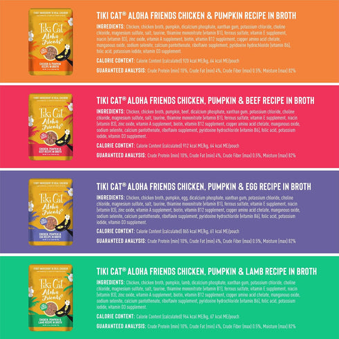 Tiki Cat Aloha Friends Variety Pack, Meaty Flavors Mixed with Pumpkin, Wet High-Protein Cat Food, 2.5 oz. Pouch (Pack