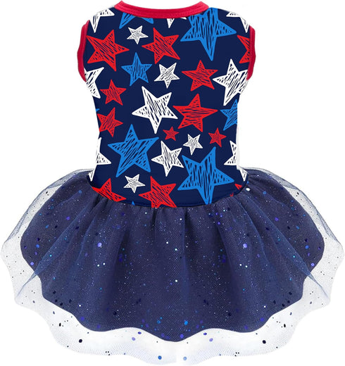 4th of July Holiday American Starshine Mesh Costume Skirt for Small Dogs, Independence Day Dog Dress Outfit
